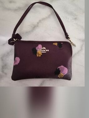 COACH Plum Floral Leather Wristlet with Pink & Gold Accents